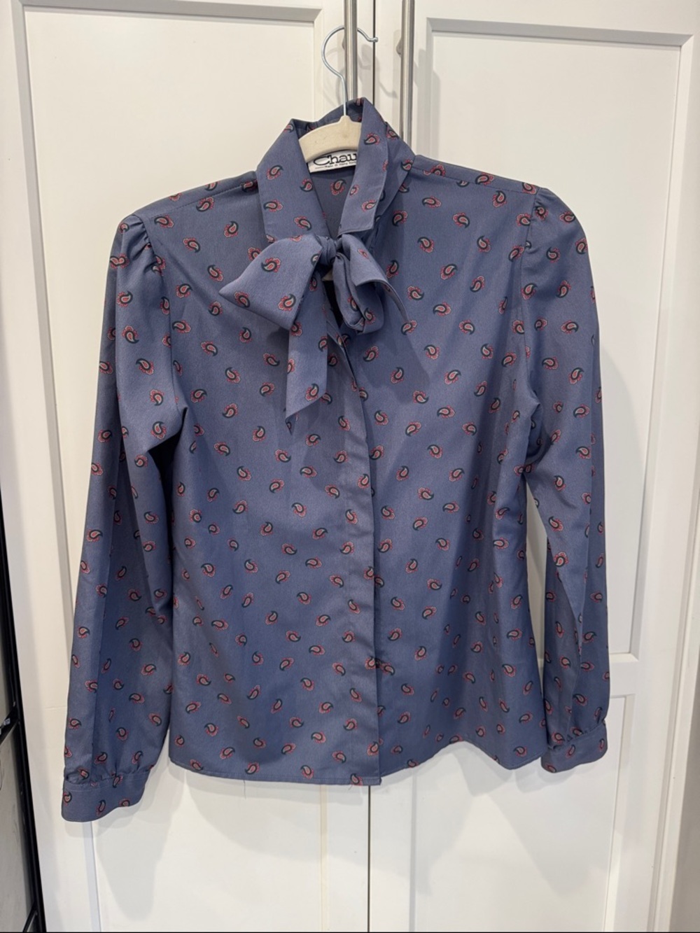 Chaus Dusty Blue Paisley Tie-Neck Button-Down Shirt